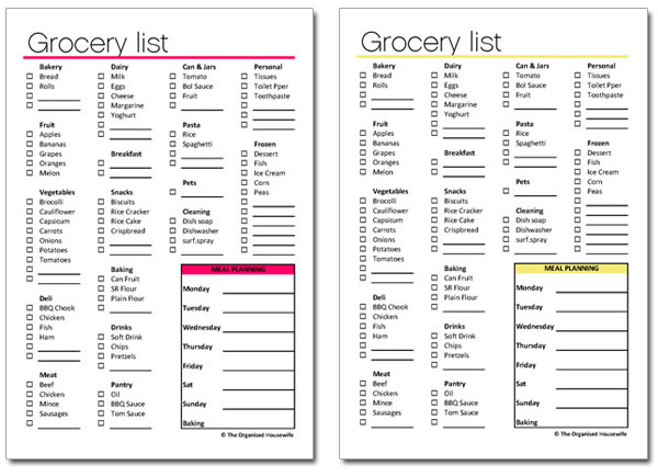 Printable Shopping List Template Australia