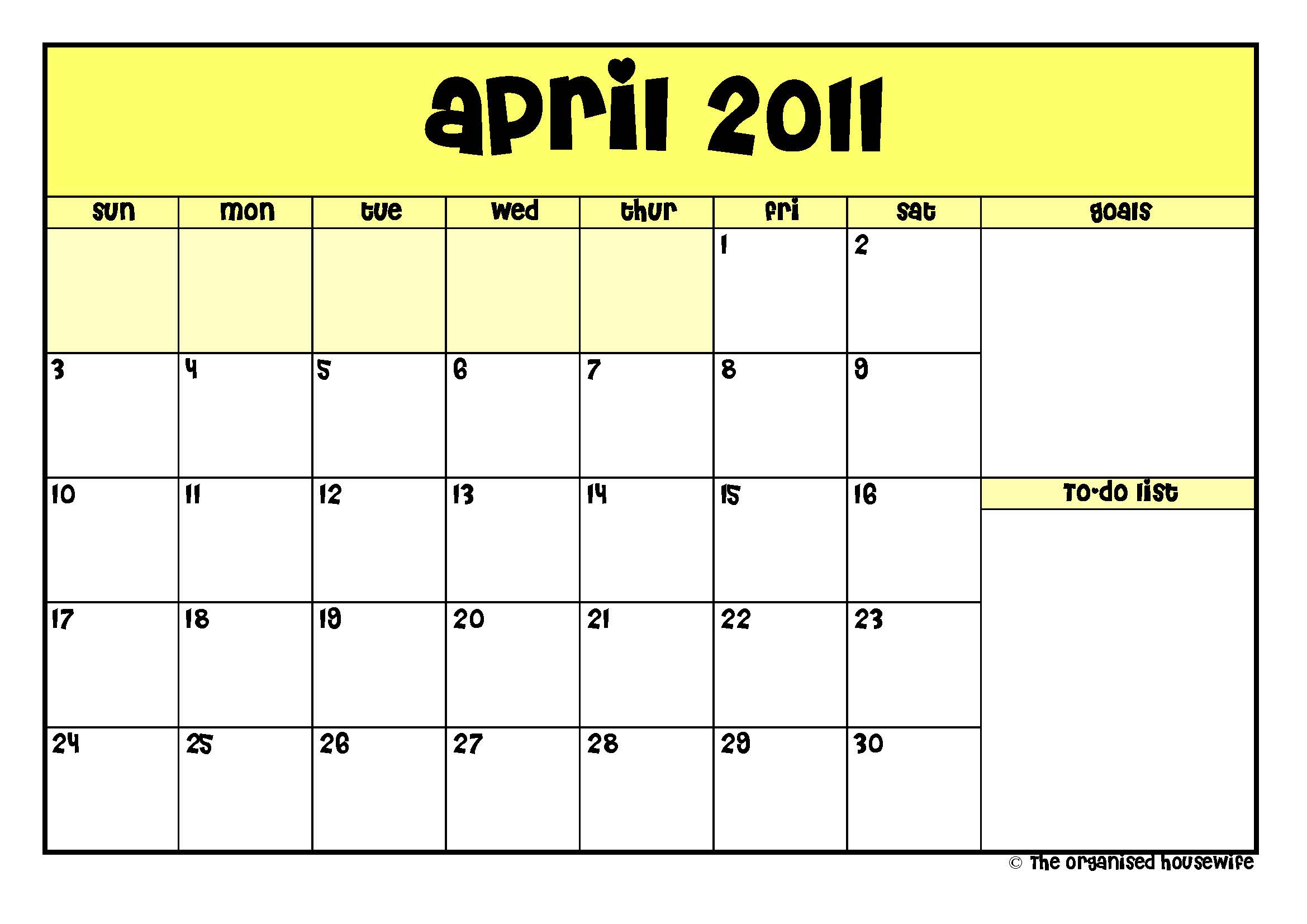 {Printable} April 2011 Calendar with todo list The Organised Housewife