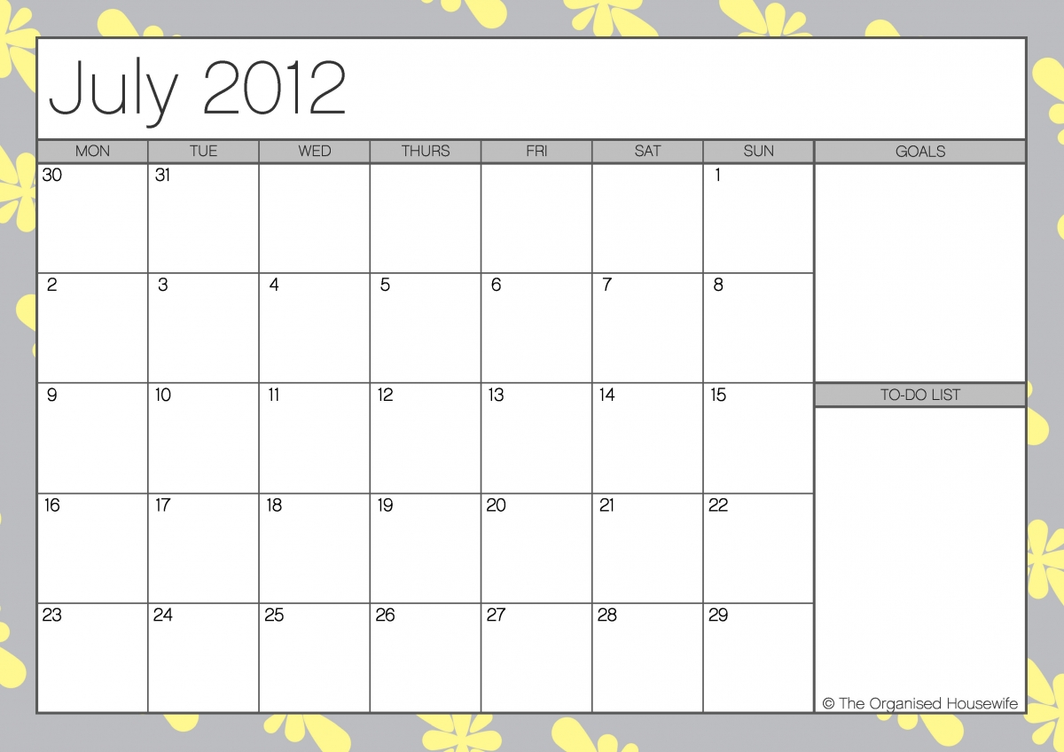 {free Printable} July 2012 Calendar With To-do List 