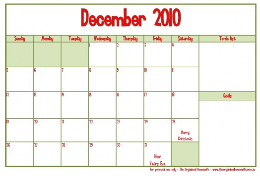 Printable: December 2010 Calendar | The Organised Housewife