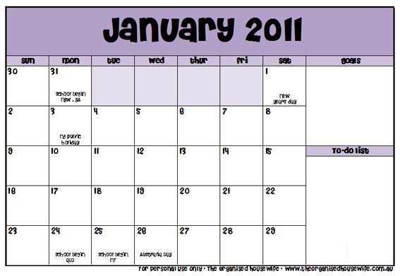 FREE Printable: January 2011 Calendar The Organised Housewife