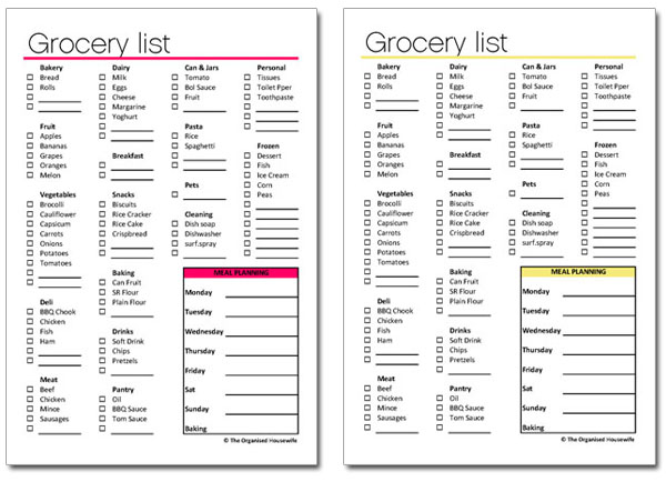 Grocery / Shopping Printable - The Organised Housewife