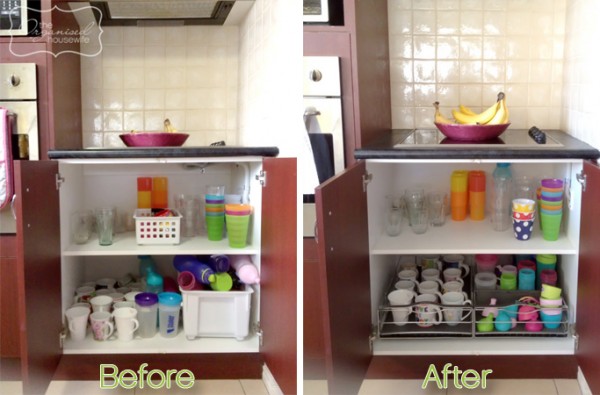 Kitchen storage idea for cups and drink bottles cupboard