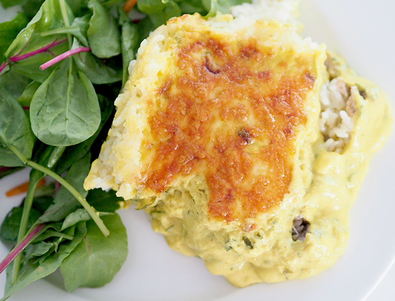 Curried salmon or tuna rice pie dinner