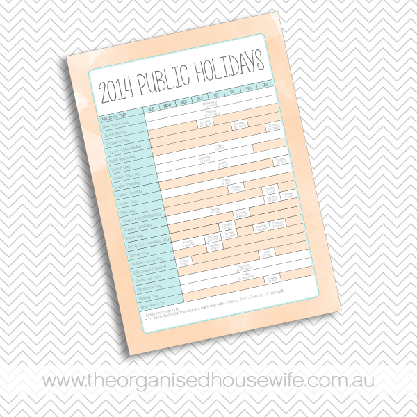 {The Organised Housewife} 2014 Public Holiday Dates