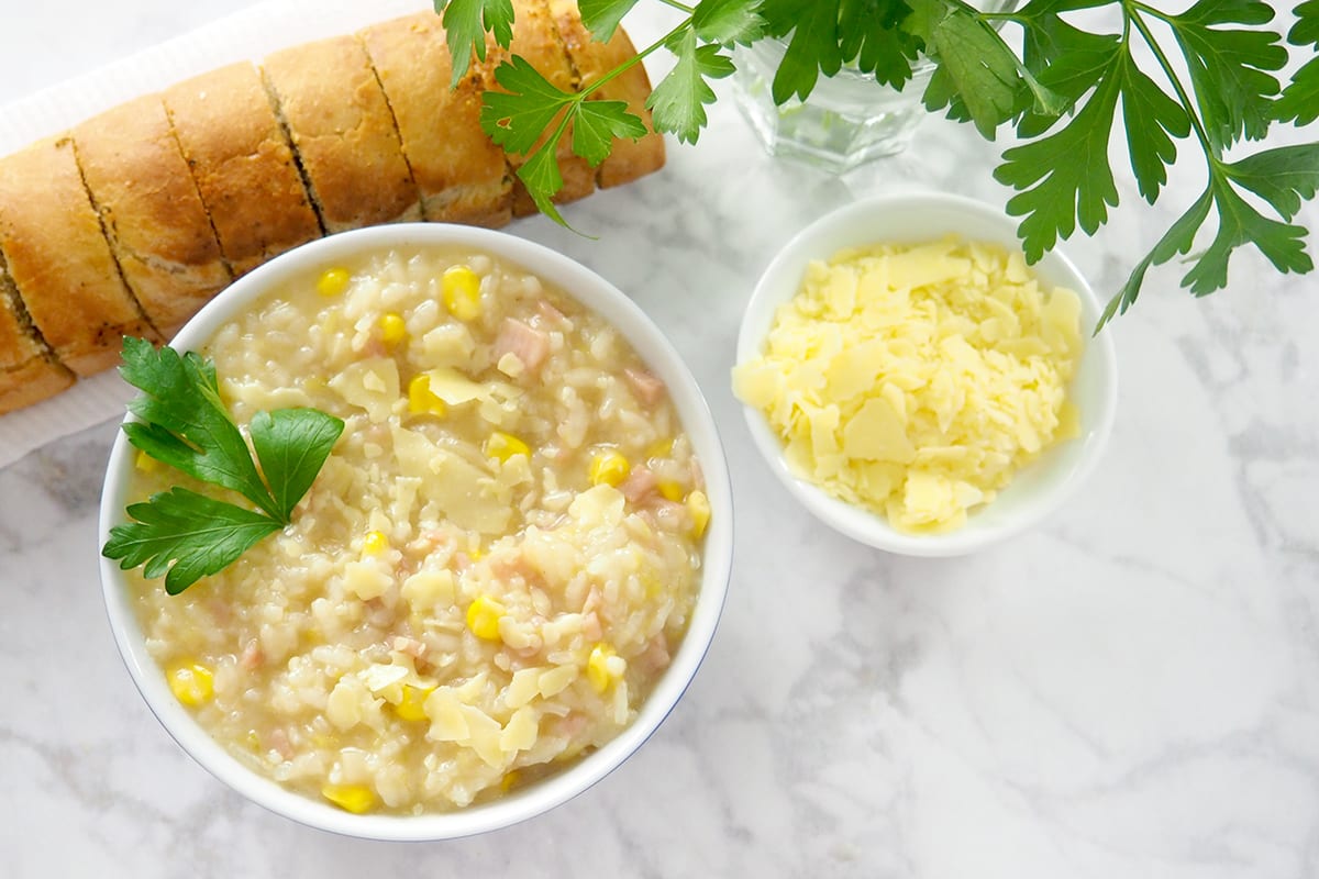 Easy to make light risotto recipe with bacon, leek and corn