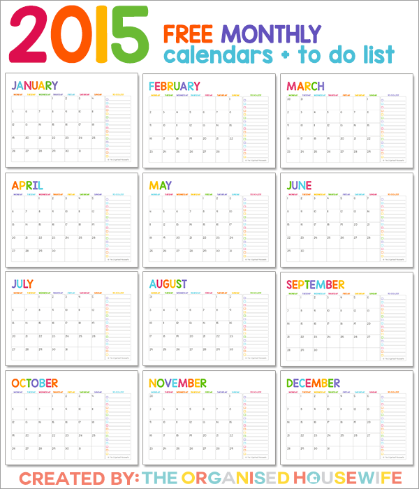 FREE 2015 Calendars from The Organised Housewife