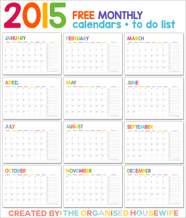 FREE 2015 Monthly Calendar Pages With To Do List The