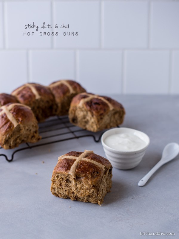 sticky date and chai hot cross buns