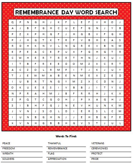 Anzac Day Remembrance Day word search