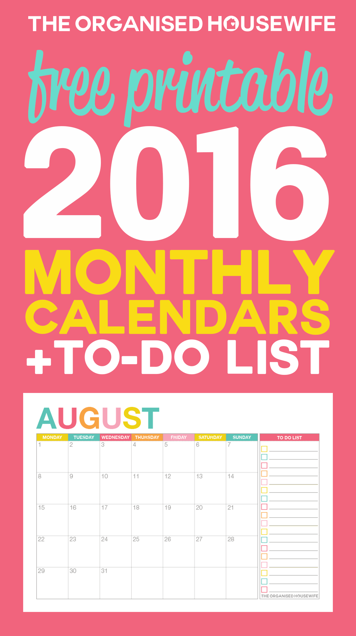 Free Printable 2016 Monthly Calendar With To Do List The