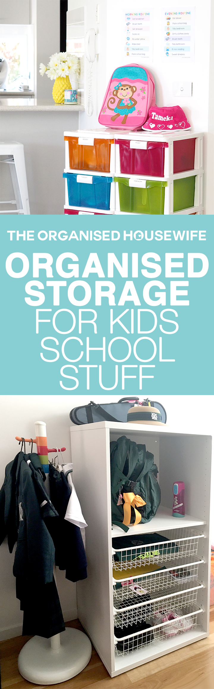 This is a fabulously organised storage unit for the kids school stuff, to keep everything in one place to help keep the school mornings stress free. 