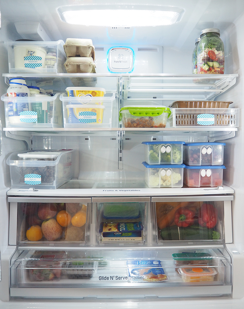 Organise the fridge to help keep it tidy, prevent food from spoiling, leftovers get eaten and it makes it easy to write a shopping list as I can quickly glance and see what I need to top up.