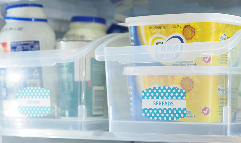 Organise the fridge to help keep it tidy, prevent food from spoiling, leftovers get eaten and it makes it easy to write a shopping list as I can quickly glance and see what I need to top up.