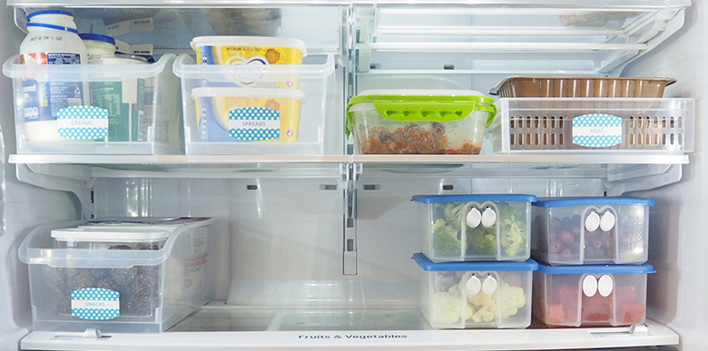 Organise the fridge to help keep it tidy, prevent food from spoiling, leftovers get eaten and it makes it easy to write a shopping list as I can quickly glance and see what I need to top up.