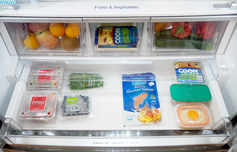 Organise the fridge to help keep it tidy, prevent food from spoiling, leftovers get eaten and it makes it easy to write a shopping list as I can quickly glance and see what I need to top up.