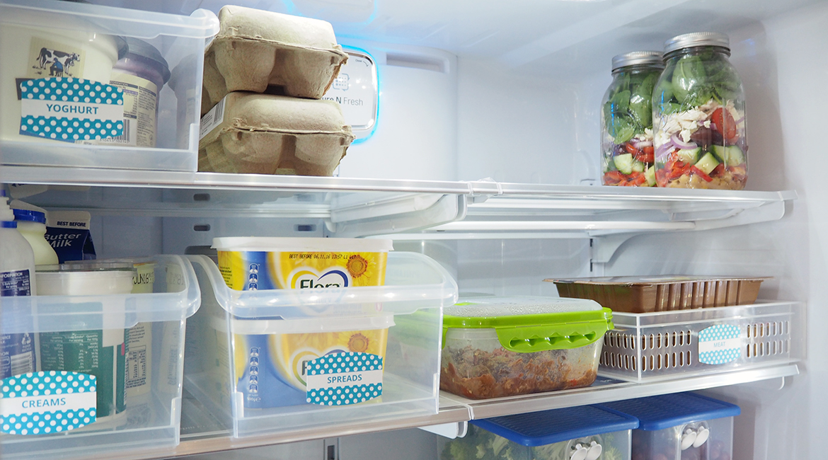 Organise the fridge to help keep it tidy, prevent food from spoiling, leftovers get eaten and it makes it easy to write a shopping list as I can quickly glance and see what I need to top up.
