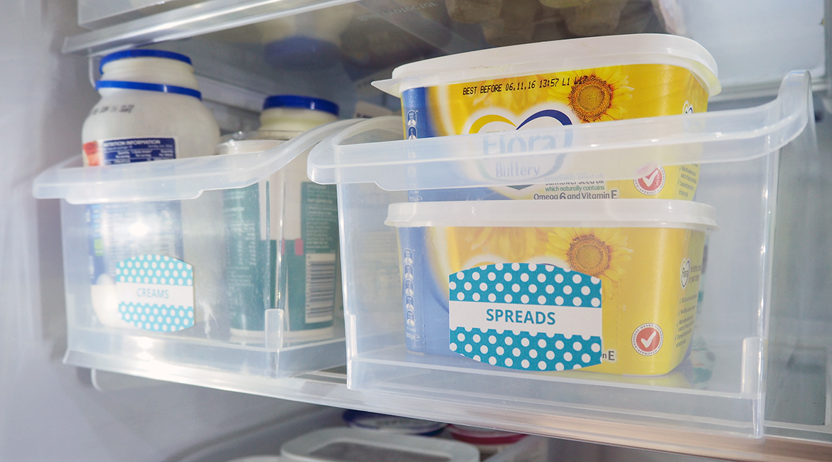 Organise the fridge to help keep it tidy, prevent food from spoiling, leftovers get eaten and it makes it easy to write a shopping list as I can quickly glance and see what I need to top up.
