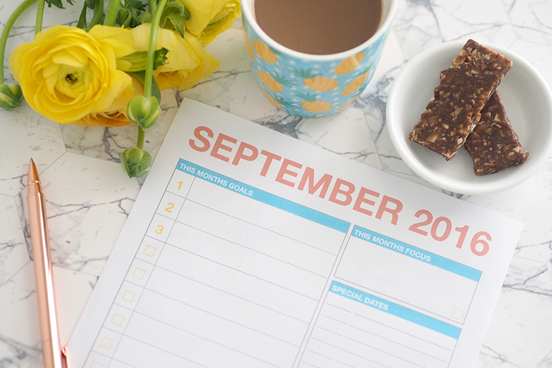 I’m sharing my goals for the month, plus I’ve created a FREE printable September 2016 planning page which you can use to prepare for your month and get organised. Setting your goals and priorities, with a little quote for inspiration.