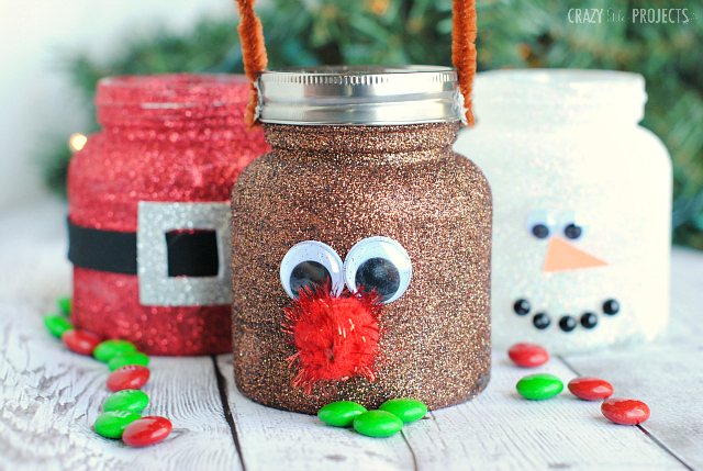 CHRISTMAS CRAFT IDEA - CHRISTMAS TREAT JARS - Glitter at Christmas is extra magical. Put it on some cute jars and it makes a perfect little party favour or neighbor gift or project for the kids! Make these darling Christmas Treat Jars in any size you want and then fill them on up!