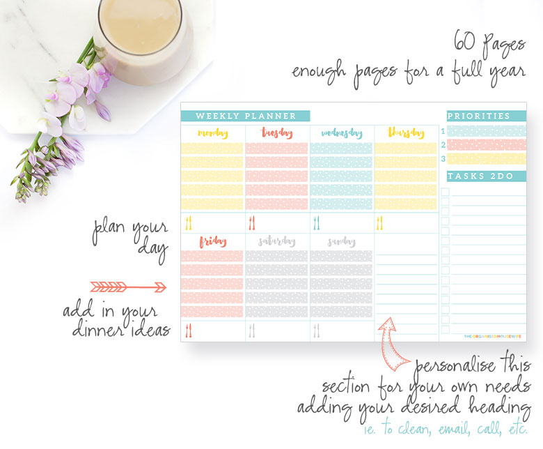 The Organised Housewife Weekly Planner Pad is the ideal tool for your home to help you stay organised throughout the week. The A4 (297mm x 210mm) undated weekly planner pad has 60 tear-off pages which will last you for a whole year. The planner gives you the ability to look at your week as a whole and allows you enough space to add appointments, deadlines, things to do and plan your dinner ideas. It also has a section that you can personalise yourself. It's up to you!