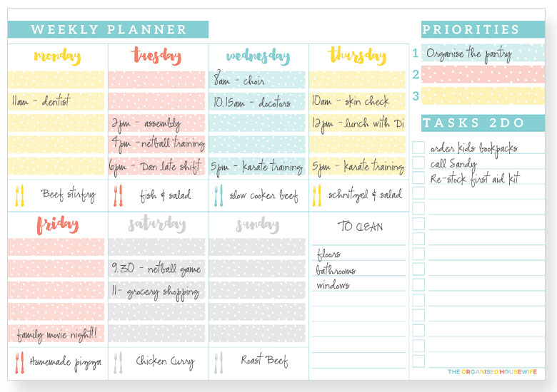 The Organised Housewife Weekly Planner Pad is the ideal tool for your home to help you stay organised throughout the week. The A4 (297mm x 210mm) undated weekly planner pad has 60 tear-off pages which will last you for a whole year. The planner gives you the ability to look at your week as a whole and allows you enough space to add appointments, deadlines, things to do and plan your dinner ideas. It also has a section that you can personalise yourself. It's up to you!