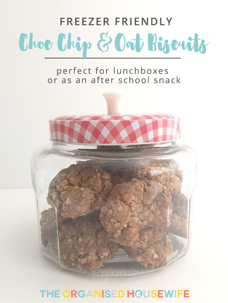 This Choc Chip & Oat Biscuit recipe is just like Anzac biscuits (which are one of my most favourite biscuits) but with chocolate chips. These freeze well to make a great addition to the kids' lunch boxes or as an after school snack.