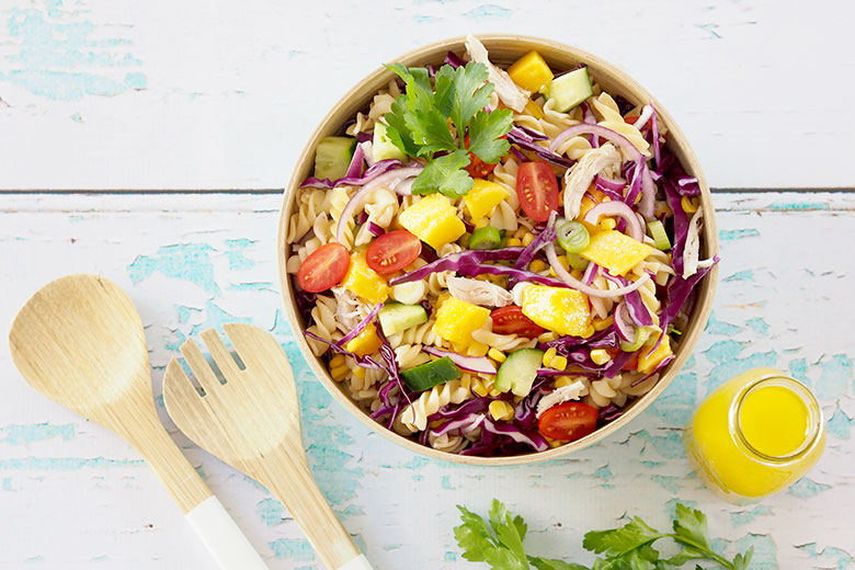 There is no limit on how you can use Mangoes and recently when I asked my readers how they like to use Mangoes the possibilities were endless. My Mango & Chicken Pasta Salad is perfect on it's own for lunch or dinner. 