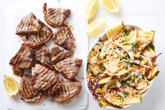 Quick garlic lamb with chargrilled pineapple slaw