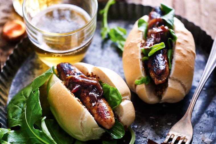 Snags with onions cooked in beer