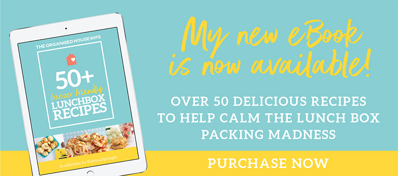 The Organised Housewife 50+ Freezer Friendly Lunch Box Recipes eBook is filled with loads of sweet and savoury lunch box recipes that are easy to make, delicious flavours (some sneaking in vegetables) and freezer friendly too! Fill your freezer up with some of these snacks to have on hand for lunch boxes, making that morning lunch box packing madness a thing of the past.