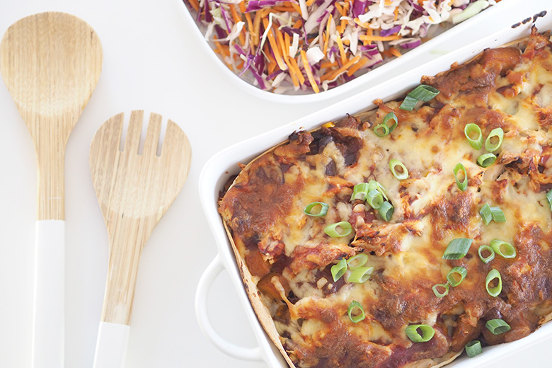 Chicken Pumpkin Tortilla Bake, similar to lasagna but with tortillas instead of pasta. It's super easy to make an assemble and tastes delicious. 
