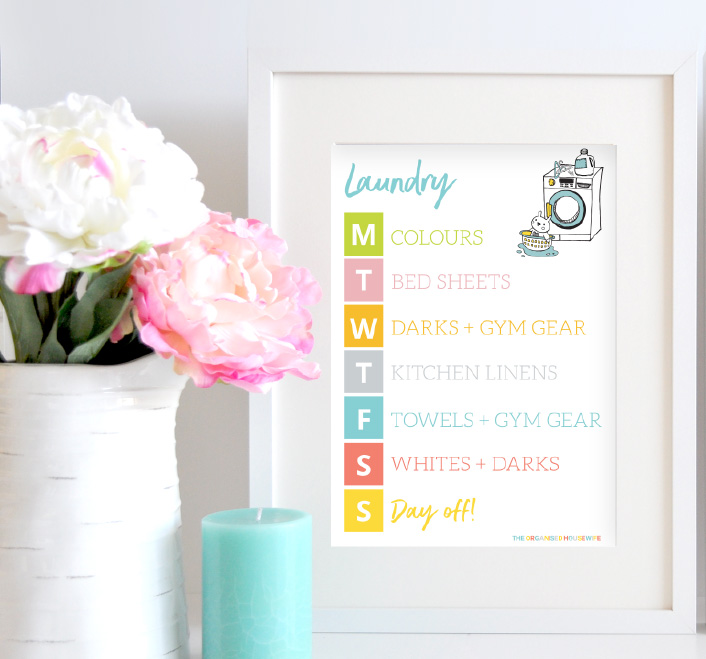 LAUNDRY SCHEDULE - I have this schedule framed in my laundry, it helps me keep on top of the washing and reminds me which load needs to be run each day, saving my sanity so I don’t have to deal with Mt Washmore.