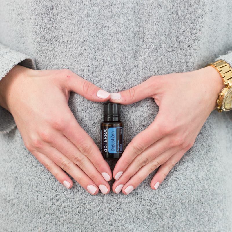DigestZen essential oil blend is a wonderful companion to aid in the digestion of food, soothe occasional upset stomachs, and reduce uncomfortable gas and bloating.