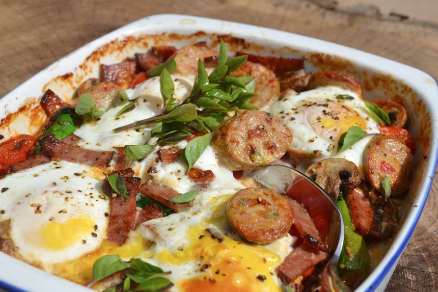 Bacon Sausage Egg and Mushroom Family Meal Idea. Paleo Recipes.