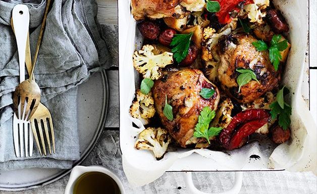 Leek, chorizo, cauliflower and chicken bake recipe