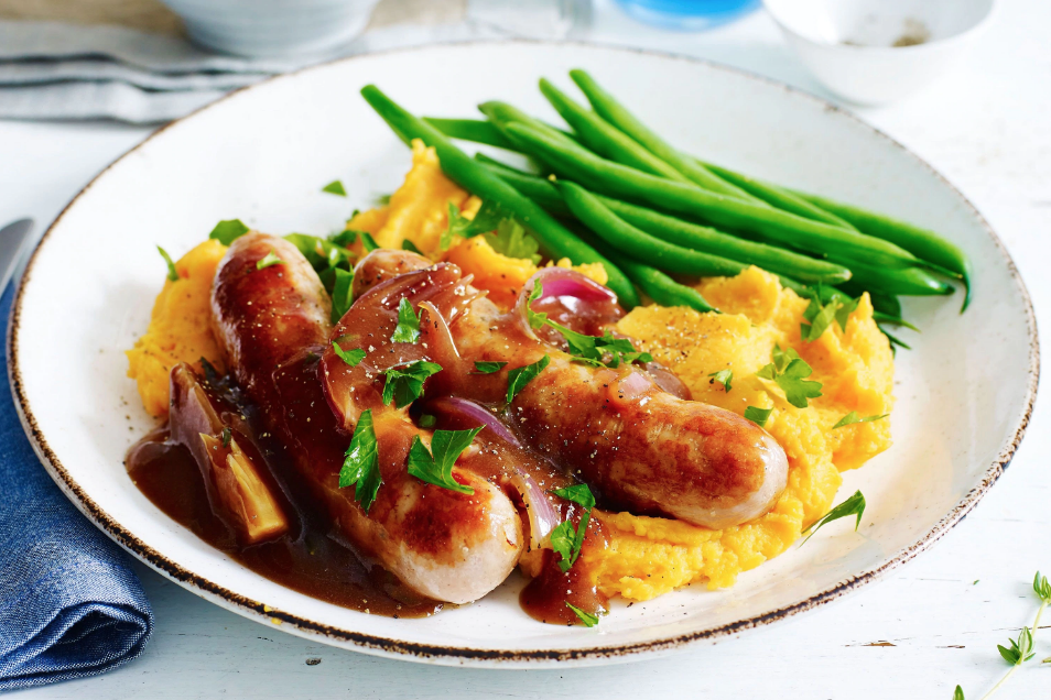 Sausages and sweet potato mash