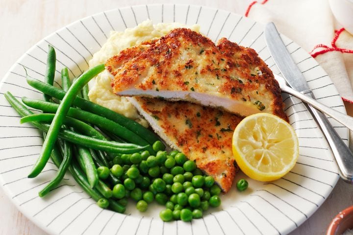 Chicken Schnitzel with Cheesy Mash, Beans and Peas recipe