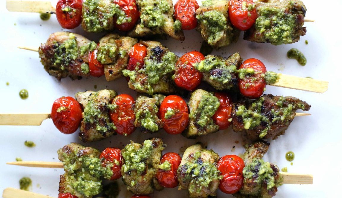 Keto BBQ recipe ideas grilled chicken pesto kebabs