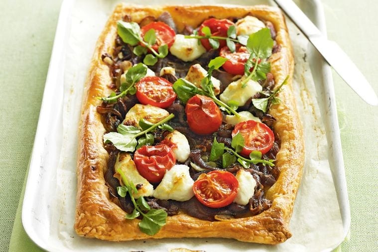 Goat cheese onion and cherry tomato tart vegetarian meal idea