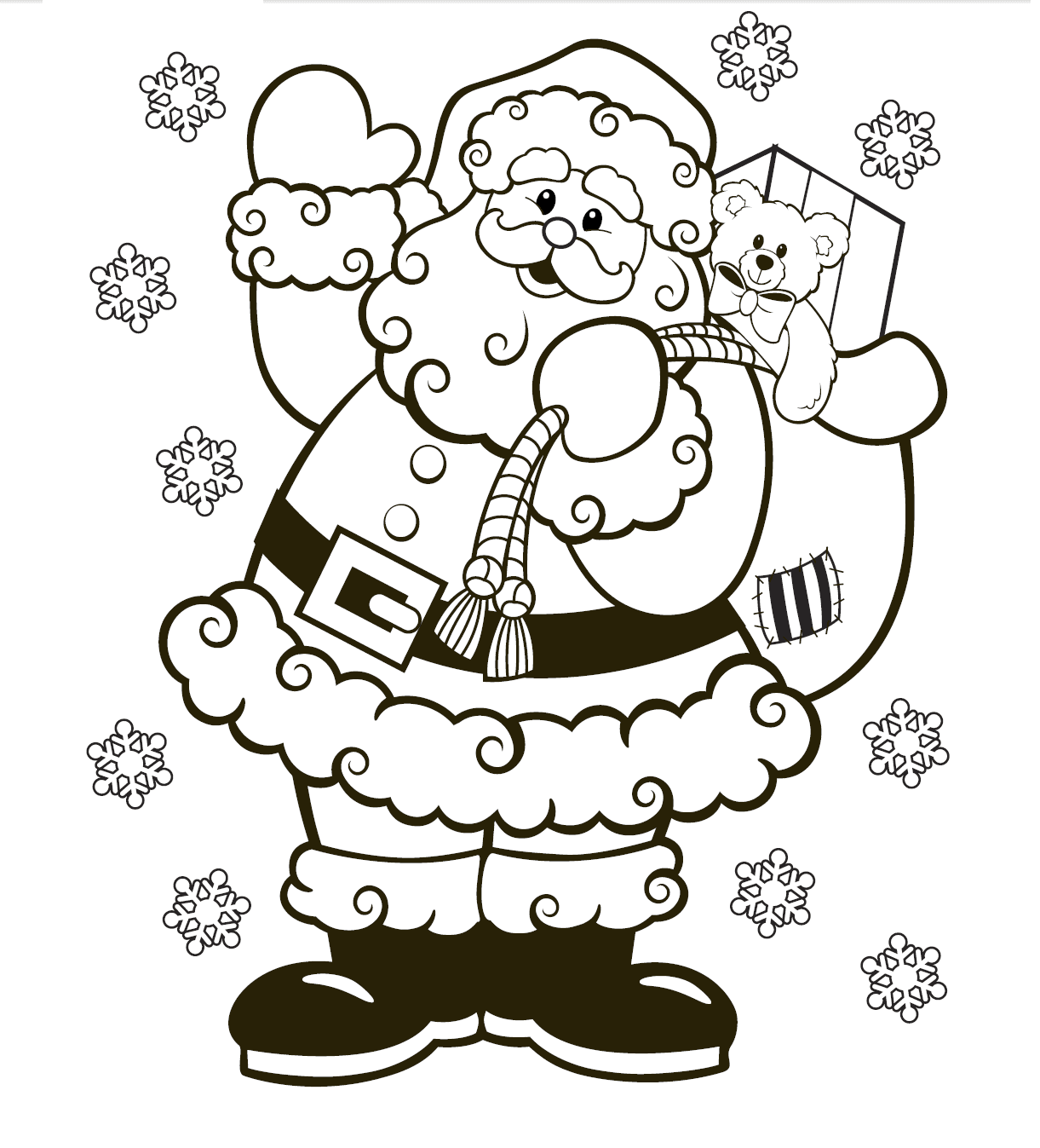 Santa Claus Christmas colouring in page with sack and presents