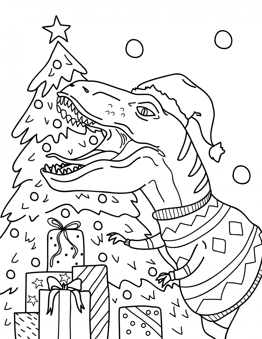 Dinosaur in Santa hat colouring in page for Christmas