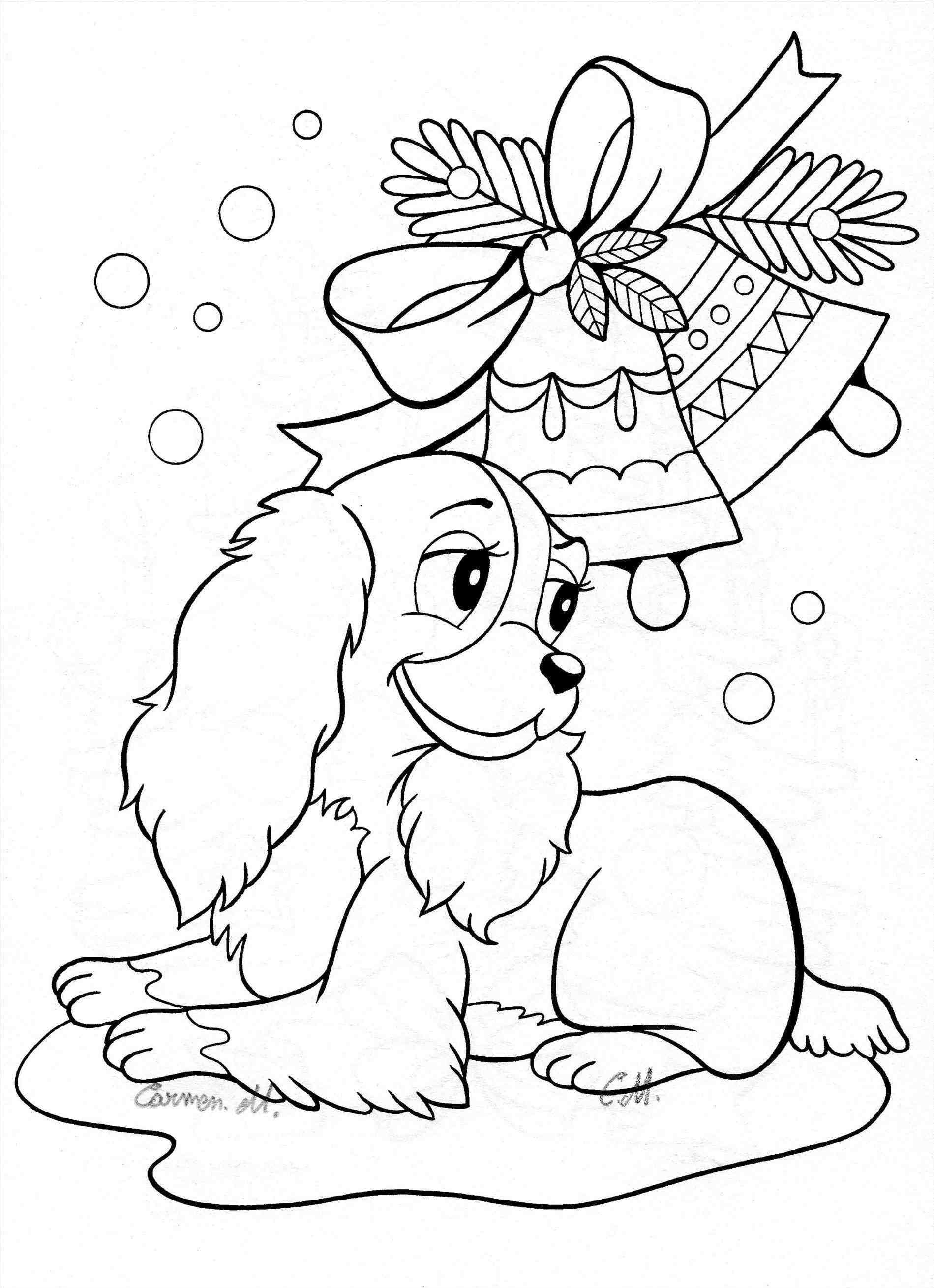 Christmas colouring in page of cute puppy dog