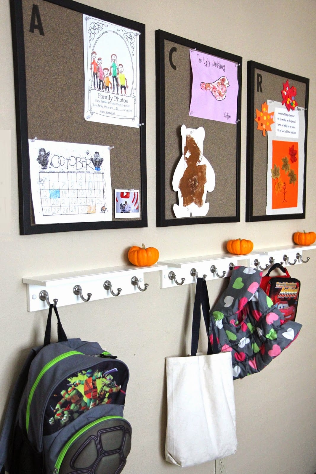 school artwork and bags storage idea