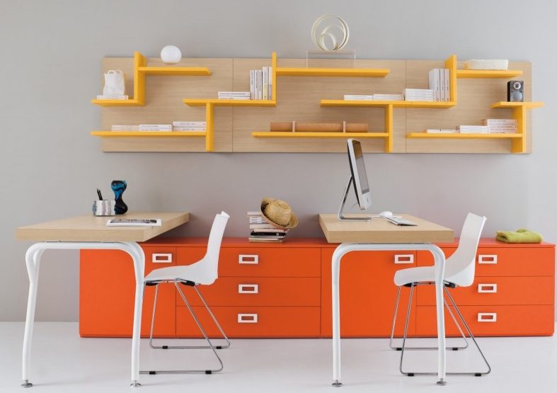 Orange feature shelves in home office