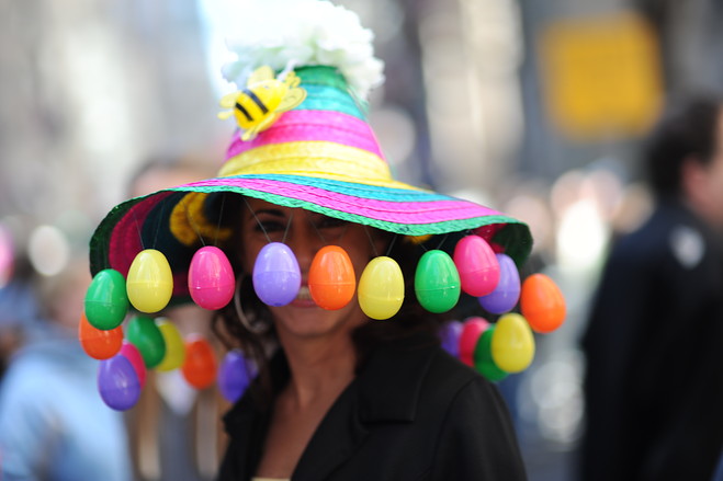 Easter bonnet parade big hat with colourful eggs