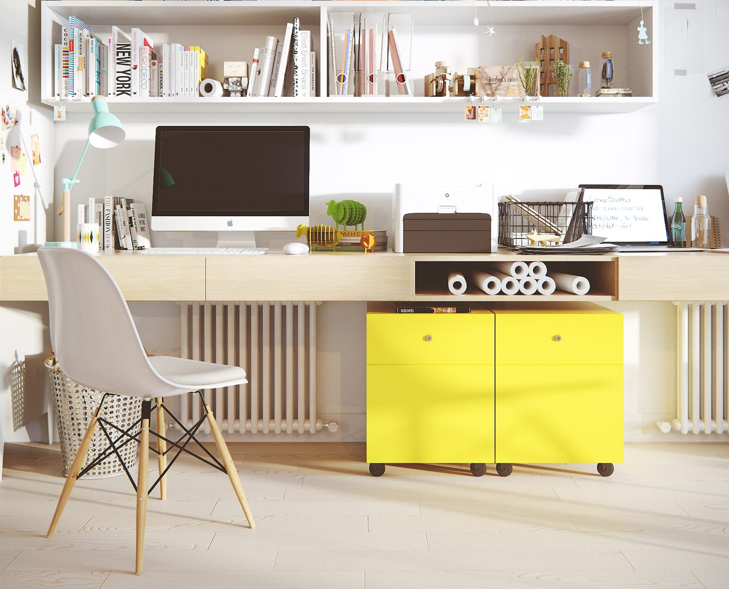 Bright yellow filing cabinets in home office