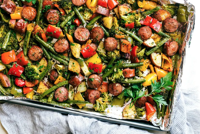 One pan healthy veggie sausages and veggies