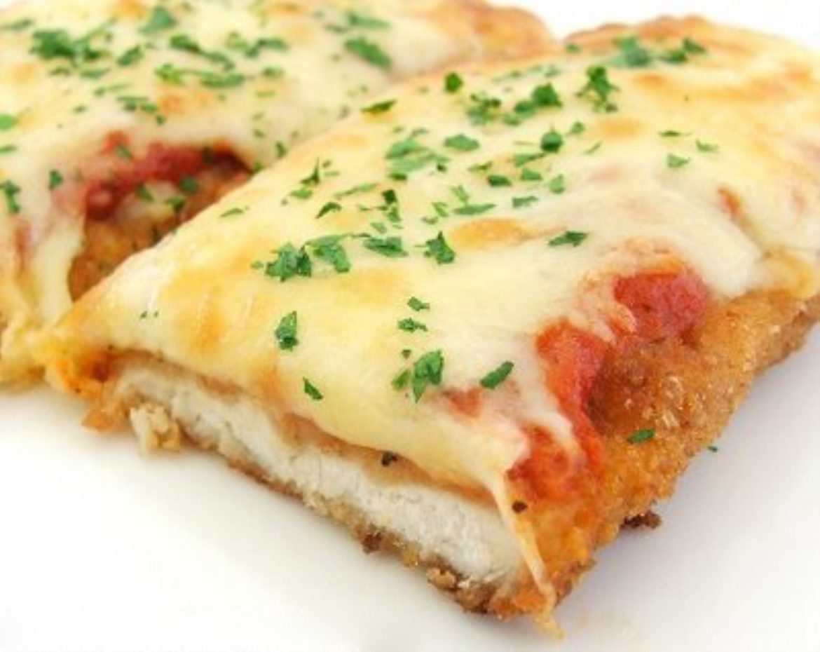 crumbled chicken topped with tomato sauce, melted cheese and a dash of parsley