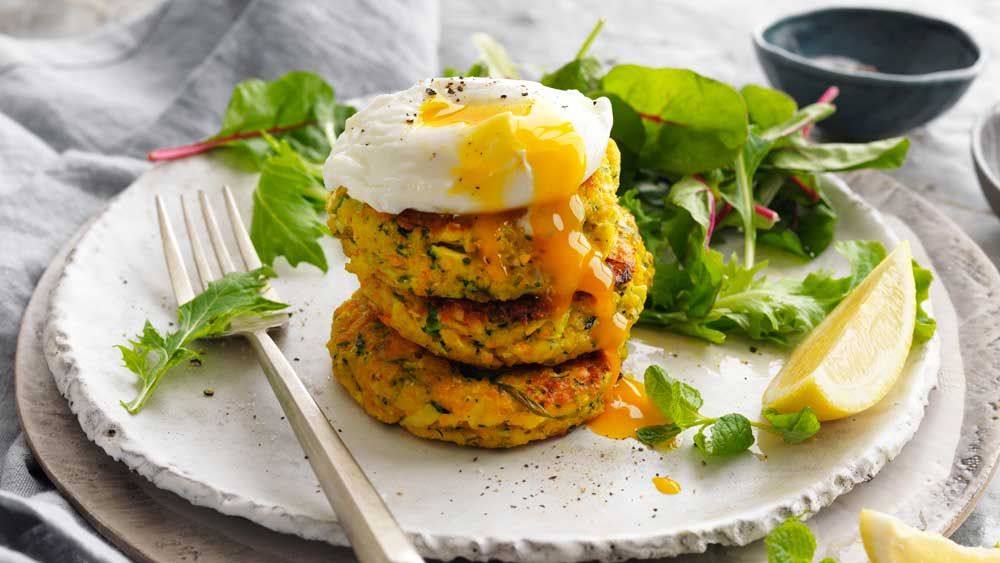 Vegetable fritters with poached egg recipe